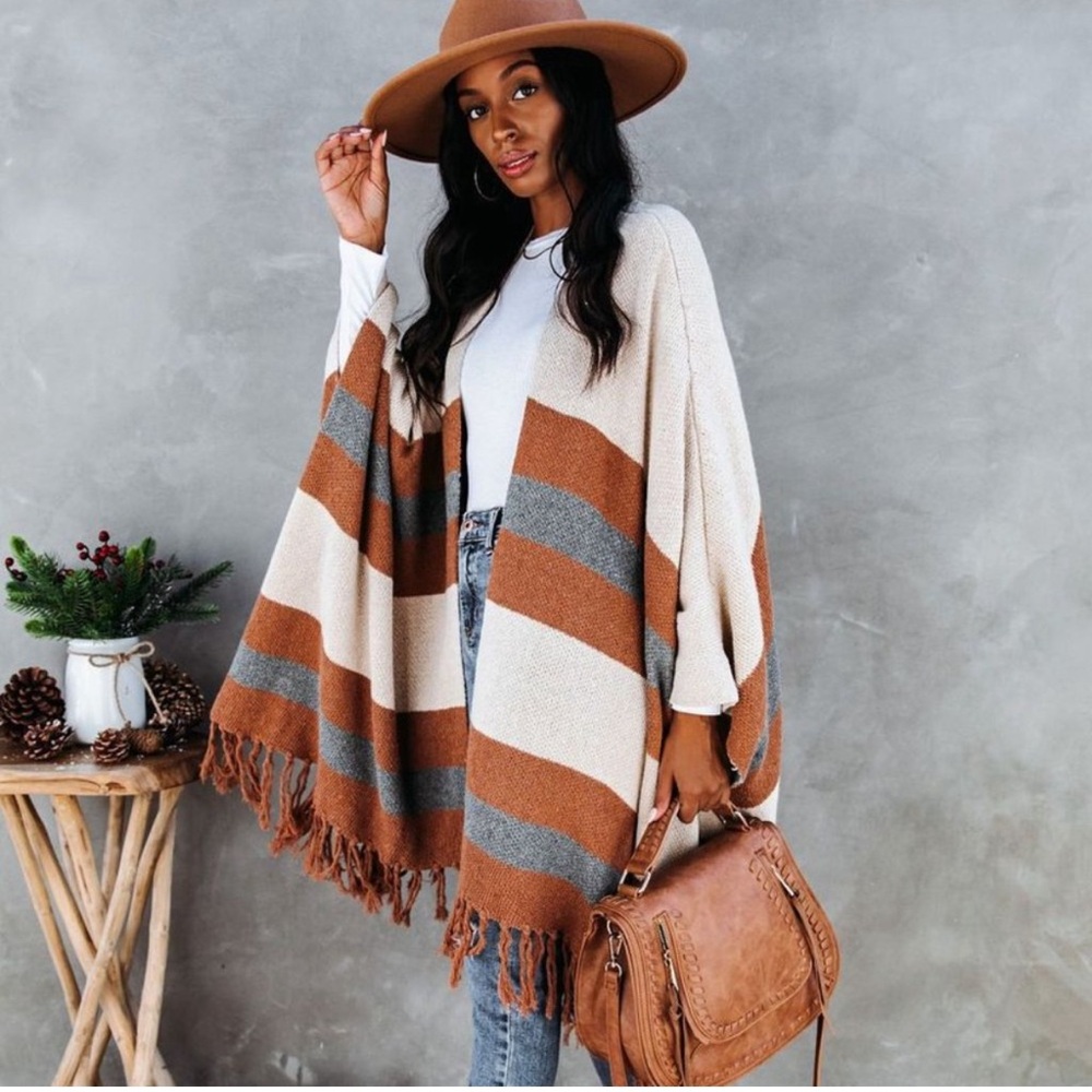 New Western Stripe Fringe Poncho Blanket Cardigan Sweater